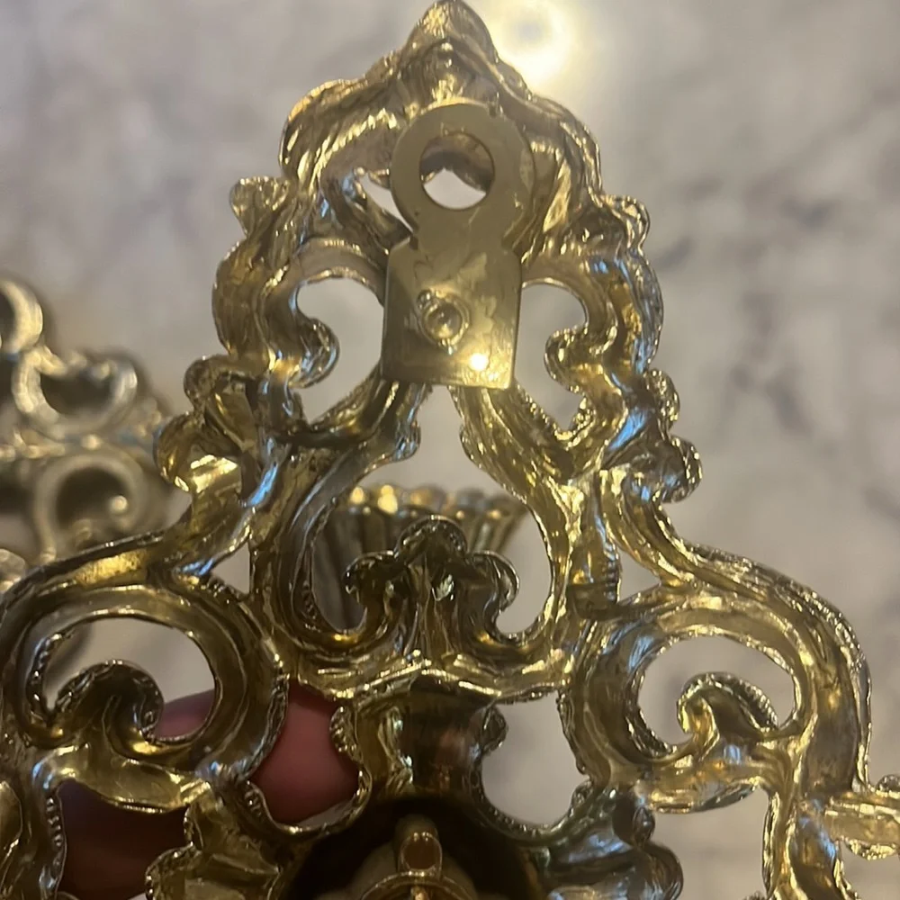 Vintage Gold Tone Ornate metal Hollywood Regency wall Hanging pair candlestick